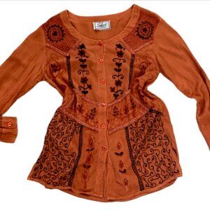 Select Boutique BOHO Embroidered Button Front Tunic Top S/M Rust Brown 87E